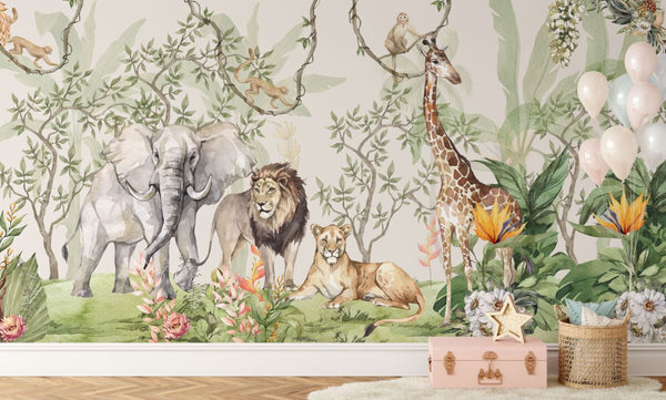 African savanna wallpaper applied to kids room wall by Igibee
