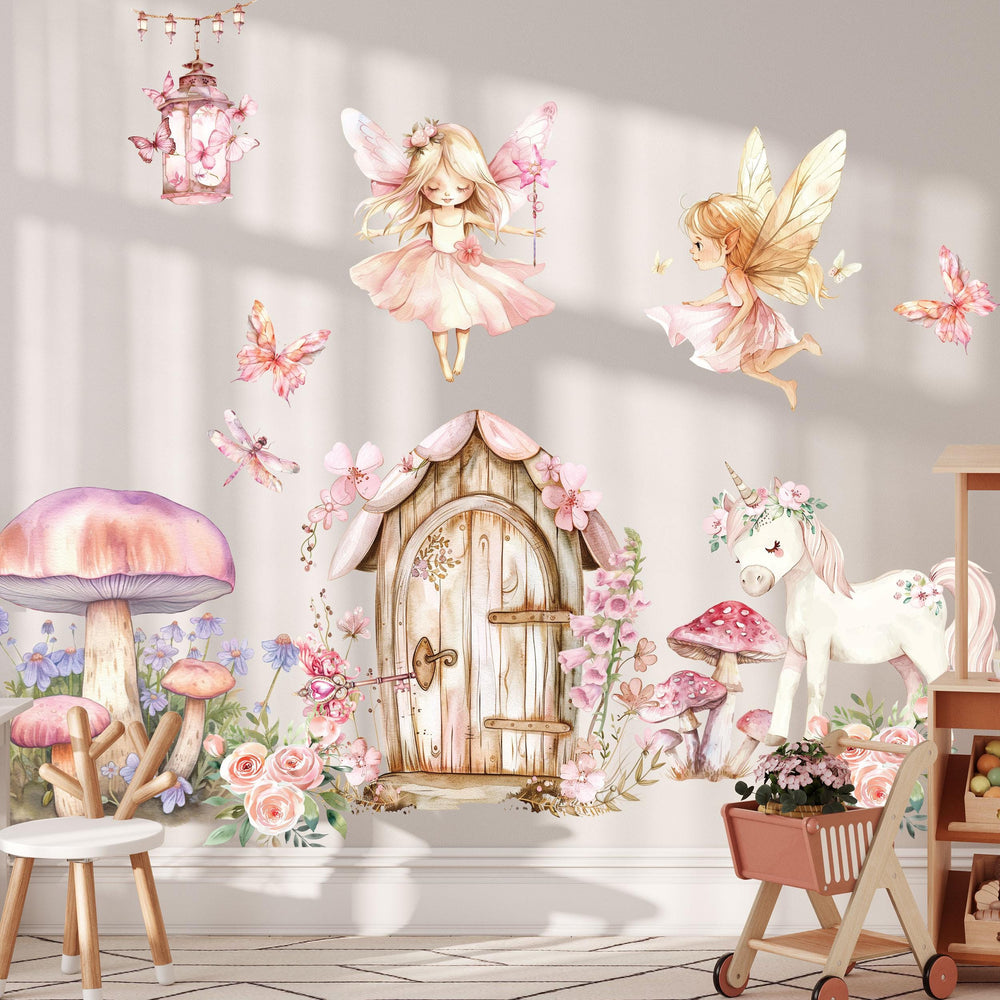 Watercolor fairy wall decals for girls room featuring two magical fairies, wooden fairy door, white unicorn, pink mushrooms, roses, butterflies and dragonfly in soft pastel colors. Peel and stick removable nursery wall stickers.