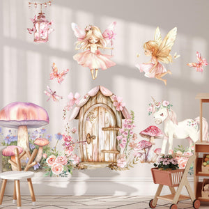 Watercolor fairy wall decals for girls room featuring two magical fairies, wooden fairy door, white unicorn, pink mushrooms, roses, butterflies and dragonfly in soft pastel colors. Peel and stick removable nursery wall stickers.