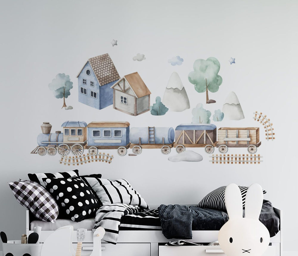 Cheerful train wall decal set with a locomotive, four wagons, houses, hills and clouds for a child's room