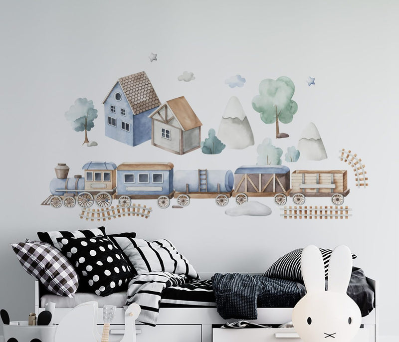 Cheerful train wall decal set with a locomotive, four wagons, houses, hills and clouds for a child's room