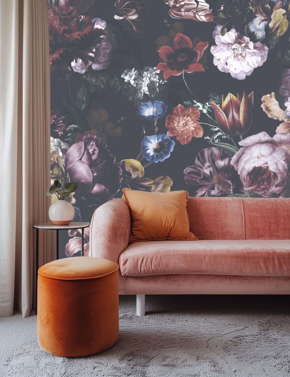 Dark botanical floral wallpaper detail by Igibee