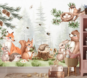 Pastel woodland wallpaper mural for kids bedroom by Igibee