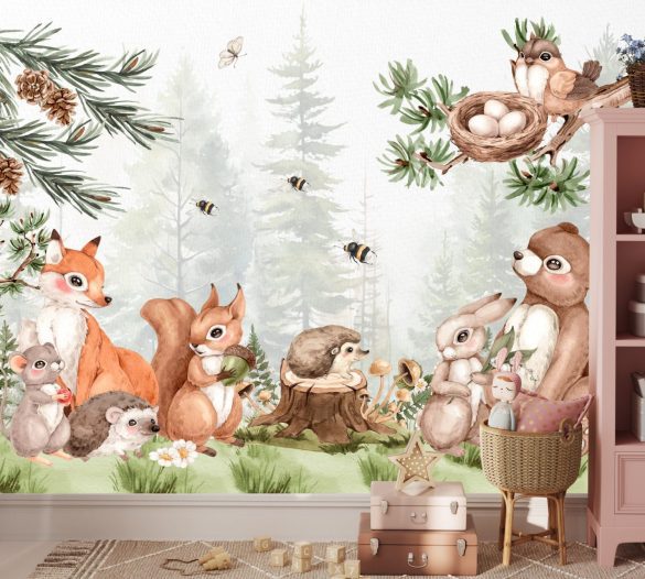 Pastel woodland wallpaper mural for kids bedroom by Igibee
