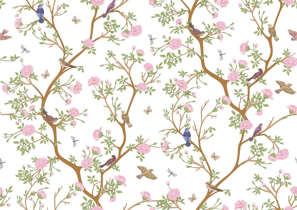 chinoiserie wallpaper - floral camelia wallpaper with birrds