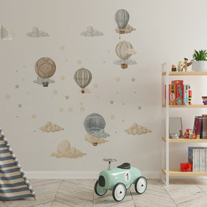 Adventure hot air balloons floating in clouds - educational wall stickers for learning and exploration by Igibee