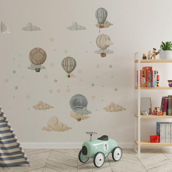 Adventure hot air balloons floating in clouds - educational wall stickers for learning and exploration by Igibee