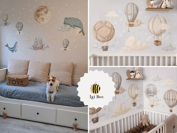 Adventure hot air balloons floating in clouds - educational self-adhesive wall decorations for kids room by Igibee