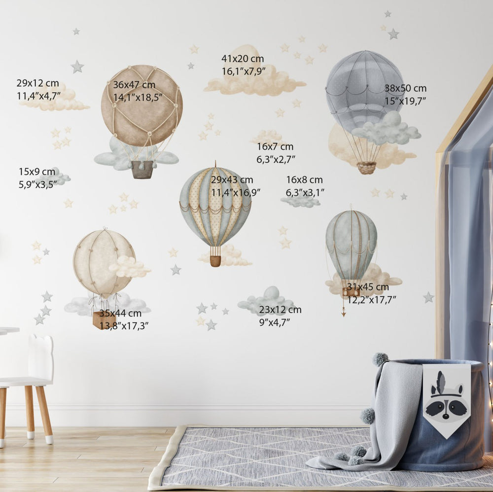 Magic balloons in the clouds wall decals - colorful adventure nursery decorations peel and stick by Igibee