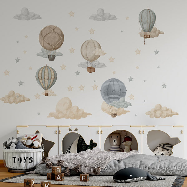 Adventure magic balloons floating in clouds - educational wall stickers for kids learning by Igibee