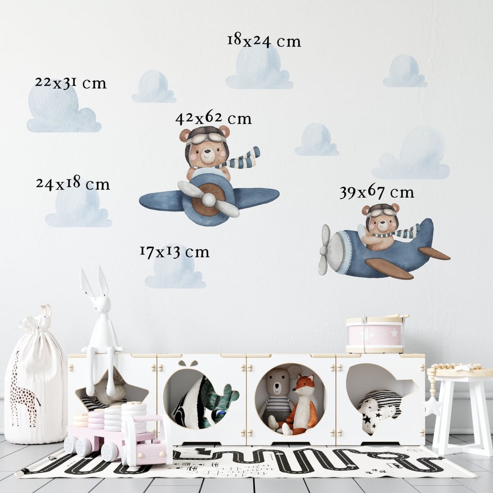 Teddy Bear Aviators adventure sticker set - cute pilot bears with planes for kids room by Igibee
