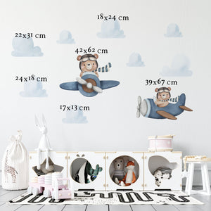Adventure teddy bear pilots aviation wall stickers - cute flying bears nursery decor by Igibee