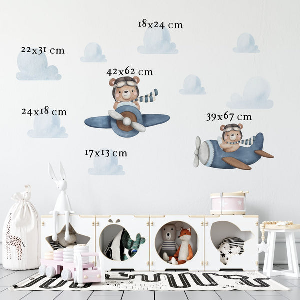 Adventure teddy bear pilots aviation wall stickers - cute flying bears nursery decor by Igibee