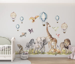 African safari animals with balloons big bundle wall decals - educational adventure nursery set by Igibee
