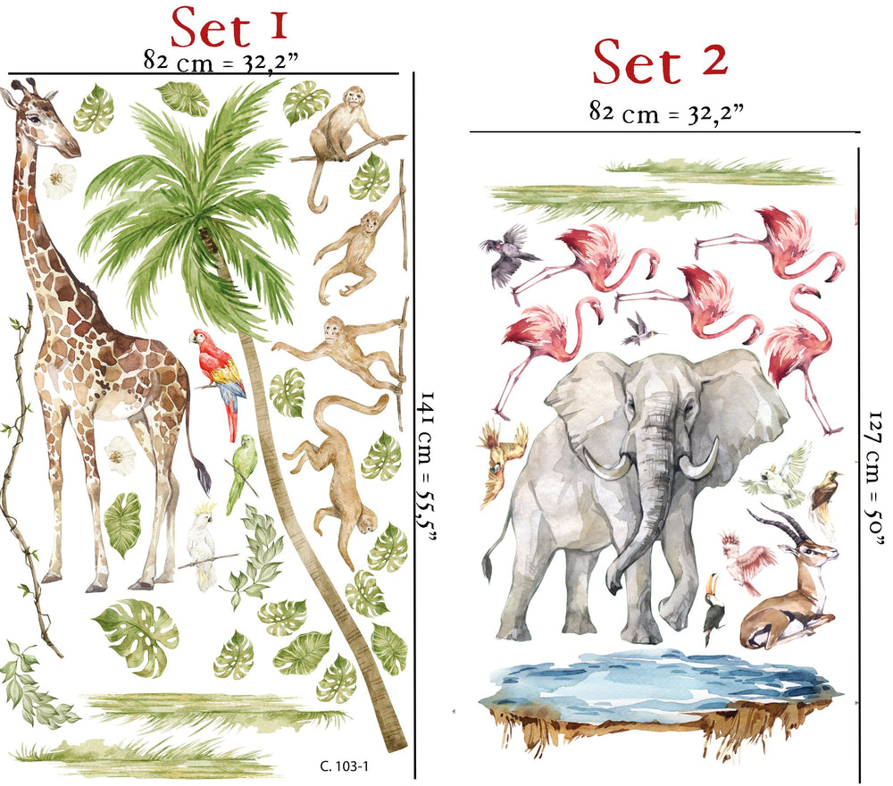 Big Safari Set wall decals with elephant, giraffe and flamingos – large 150cm peel and stick mural for kids room by Igibee