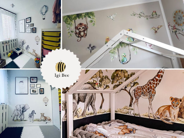 African window view door sticker - baby giraffe and elephant family scene wall decal by Igibee