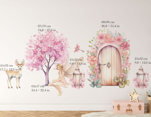 All elements of the fairy and cherry tree wall decals set with deer, lanterns and magic door