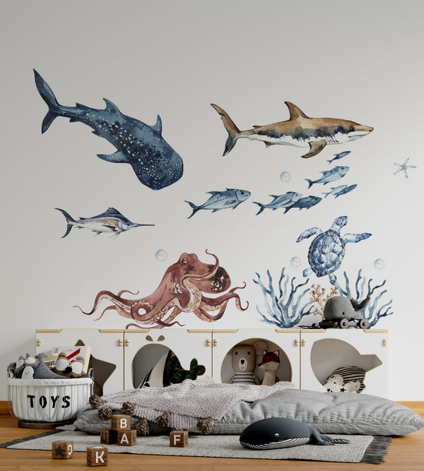 Aquatic sea animals wall stickers - colorful ocean creatures peel and stick decals for kids room by Igibee