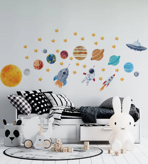 Astronaut space adventure educational wall stickers - planets solar system kids room decor by Igibee
