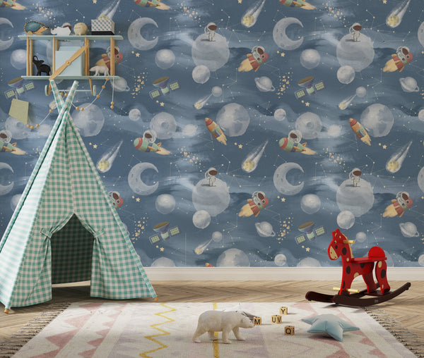Astronaut space explorer wallpaper - cosmic adventure design for boys bedroom by Igibee