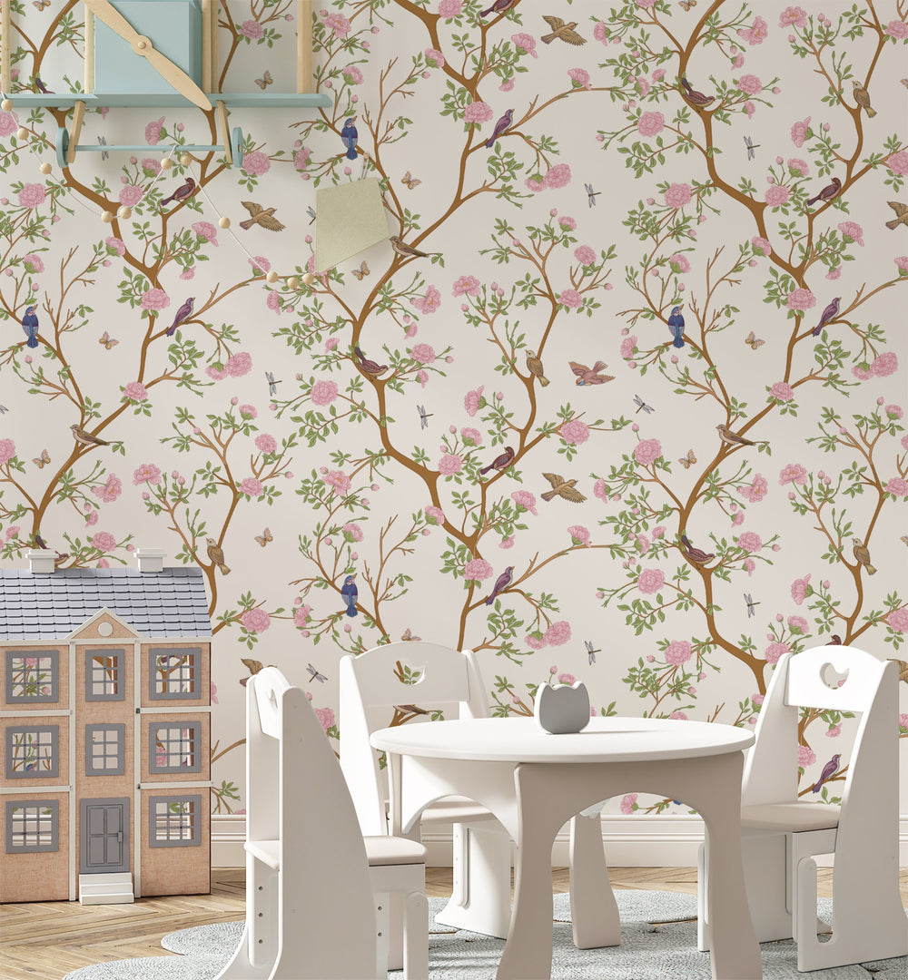 chinoiserie wallpaper - floral camelia wallpaper with birrds