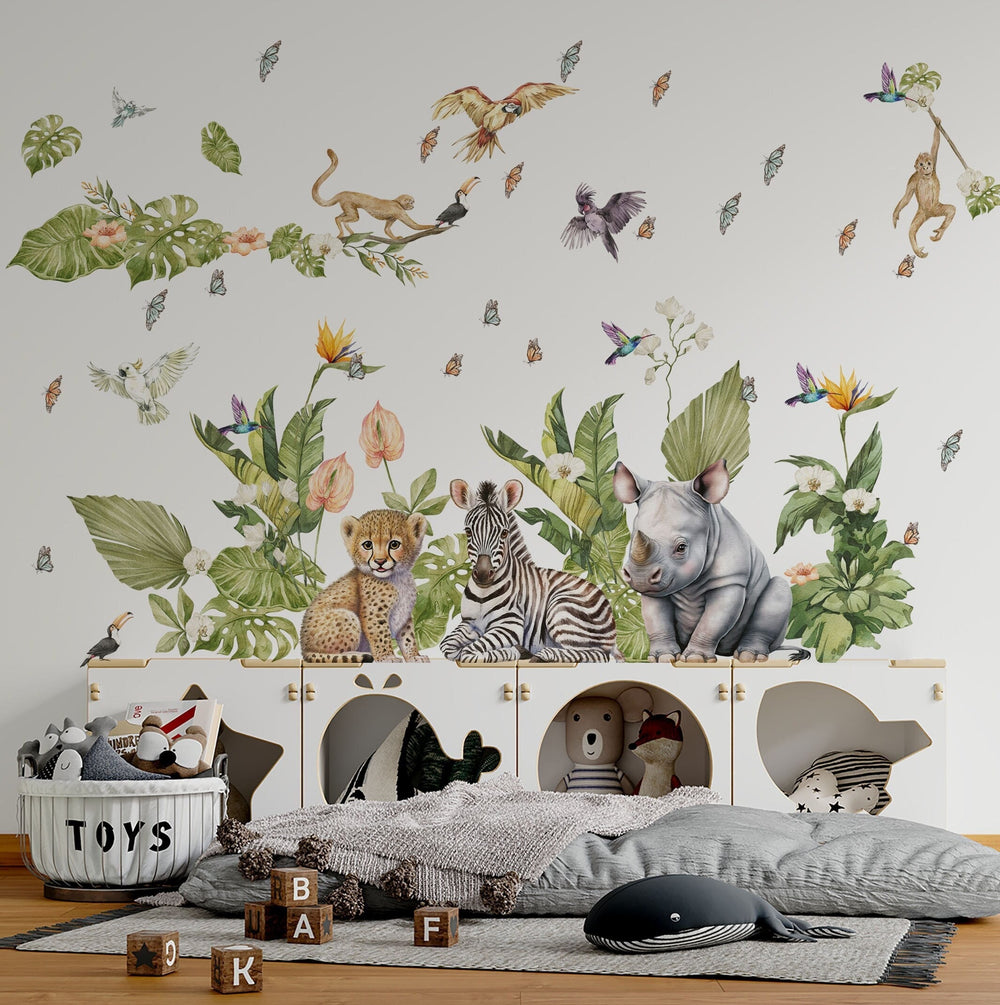 Little animals in jungle safari with baby cheetah rhino walldecals for kids room by Igibee