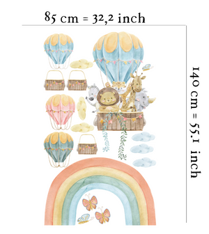 Rainbow balloon adventure with cute pets - colorful wall stickers for magical nursery decor by Igibee