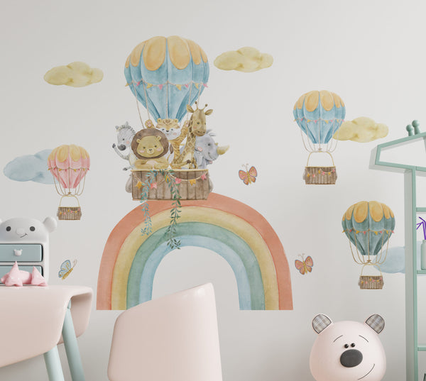 Balloon trip pets rainbow adventure wall stickers - colorful flying animals decor for kids room by Igibee