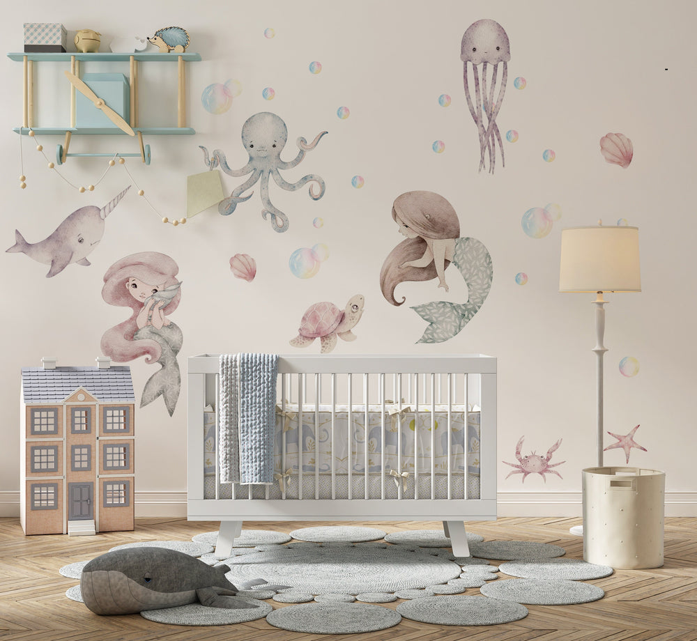 mermaid wall decal, sea wall decal, Nursery wall decal Sea World Watercolour little mermaid, ocean wall decal, Sea World Ocean Wall Decal