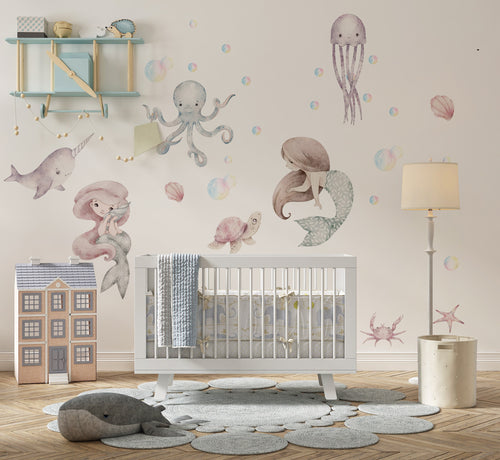 mermaid wall decal, sea wall decal, Nursery wall decal Sea World Watercolour little mermaid, ocean wall decal, Sea World Ocean Wall Decal