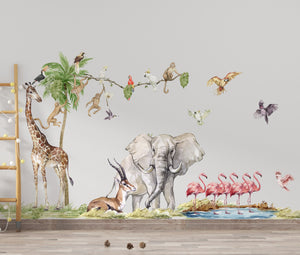 Big Safari Set wall decals with elephant, giraffe and flamingos – large 150cm peel and stick mural for kids room by Igibee