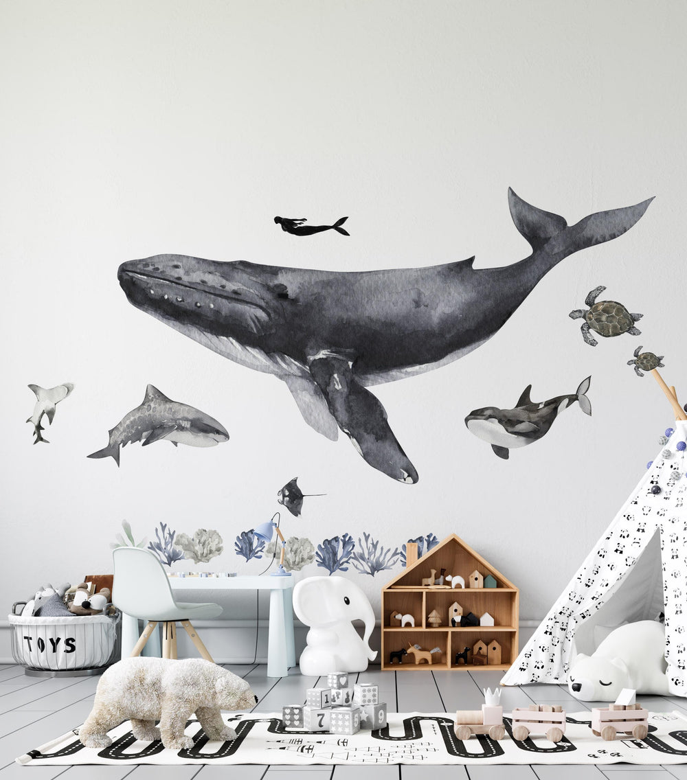 Big whale and ocean animals sea wall decals - colorful marine life stickers for kids room by Igibee
