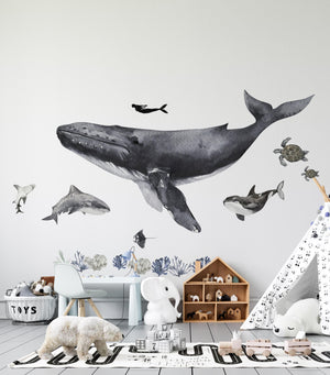 Big whale and ocean animals sea wall decals - colorful marine life stickers for kids room by Igibee