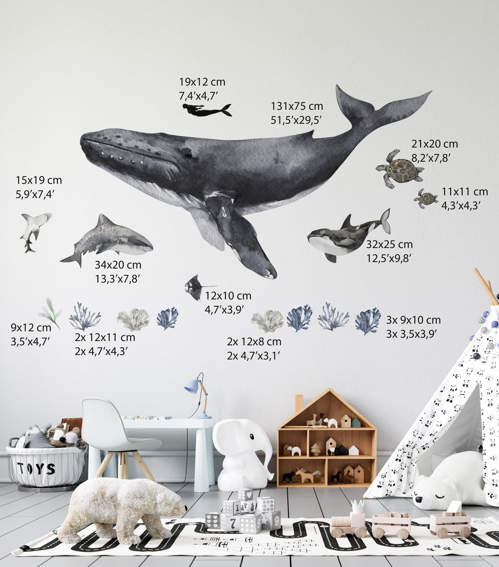 Big whale and ocean animals sea wall decals - colorful marine life stickers for kids room by Igibee