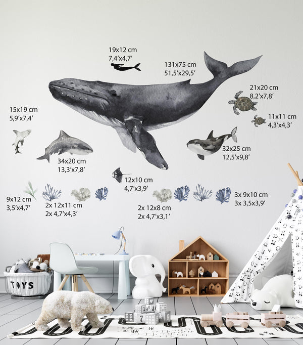 Big whale and sea animals ocean decals - colorful marine life wall stickers for kids room by Igibee