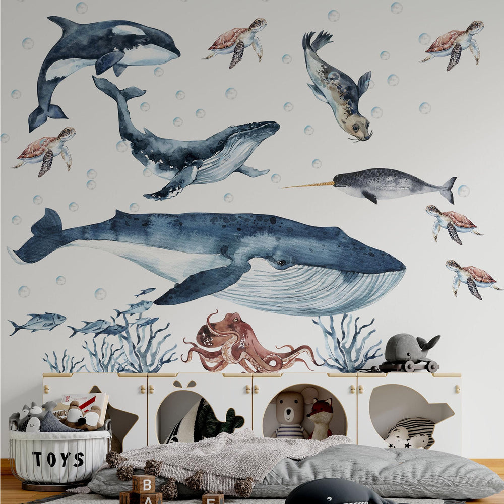 Big whales and sea animals wall decals - turtles, seal, octopus nursery set peel and stick by Igibee