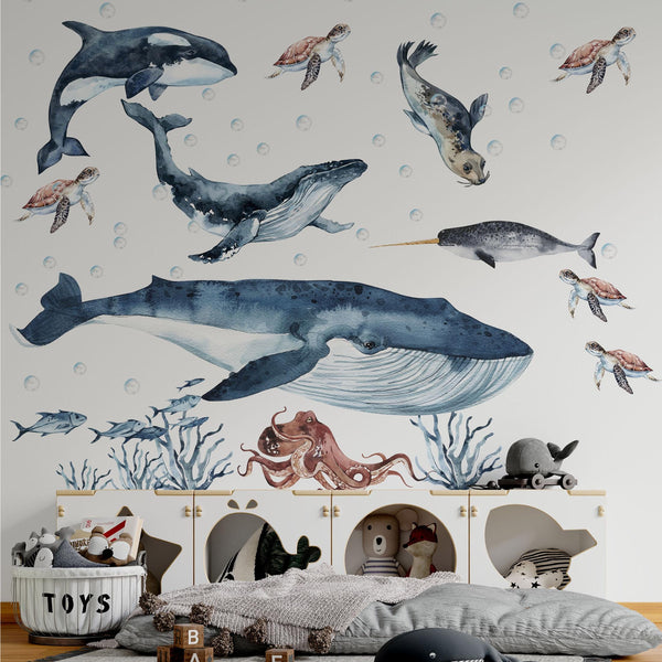 Big whales and sea animals wall decals - turtles, seal, octopus nursery set peel and stick by Igibee