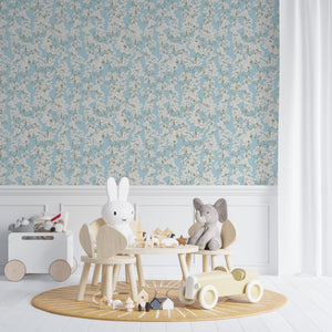 Blue botanical leaves peel and stick wallpaper - nature inspired nursery decor for baby room by Igibee