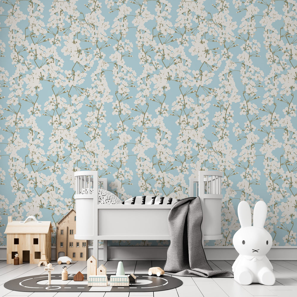 Blue botanical nursery wallpaper - peel and stick removable design for baby room by Igibee