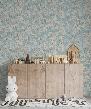 Blue botanical nursery wallpaper - peel and stick floral design for baby room walls by Igibee
