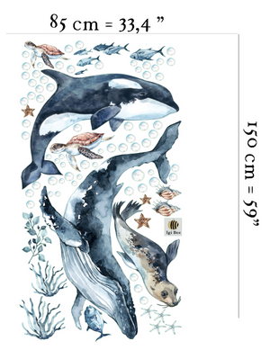Blue whale and orca sea animals wall stickers - oceanic nursery decor peel and stick by Igibee