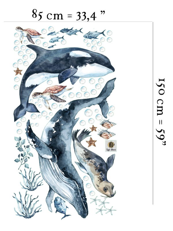 Blue whale and orca sea animals wall stickers - oceanic nursery decor peel and stick by Igibee
