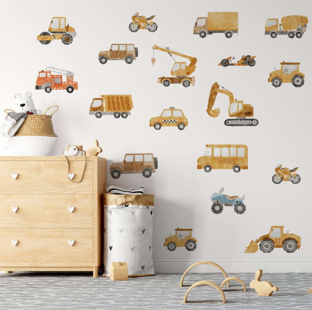 Colorful car wall decal set with 20 vehicle stickers for a boy's nursery