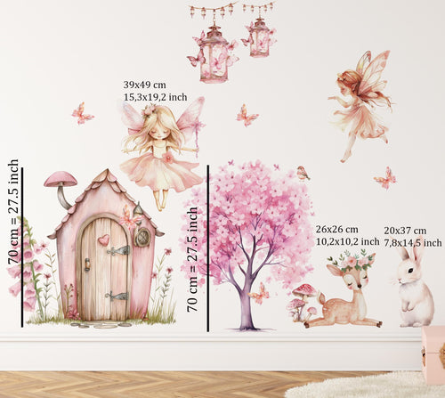 Fairy Wall Decal - Set of 2 Fairies with House & Blooming Tree
