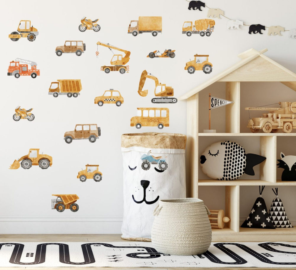 Colorful car wall decal set with 20 vehicle stickers for a boy's nursery