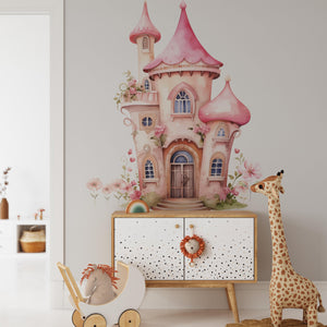 princess fairy decals, little girls wall decor, girly nursery wallpaper, pink fairy wall decals, pink wall stickers, castle wall decal, fantasy fairy room decor, enchanted castle wall sticker, princess bedroom wall art,