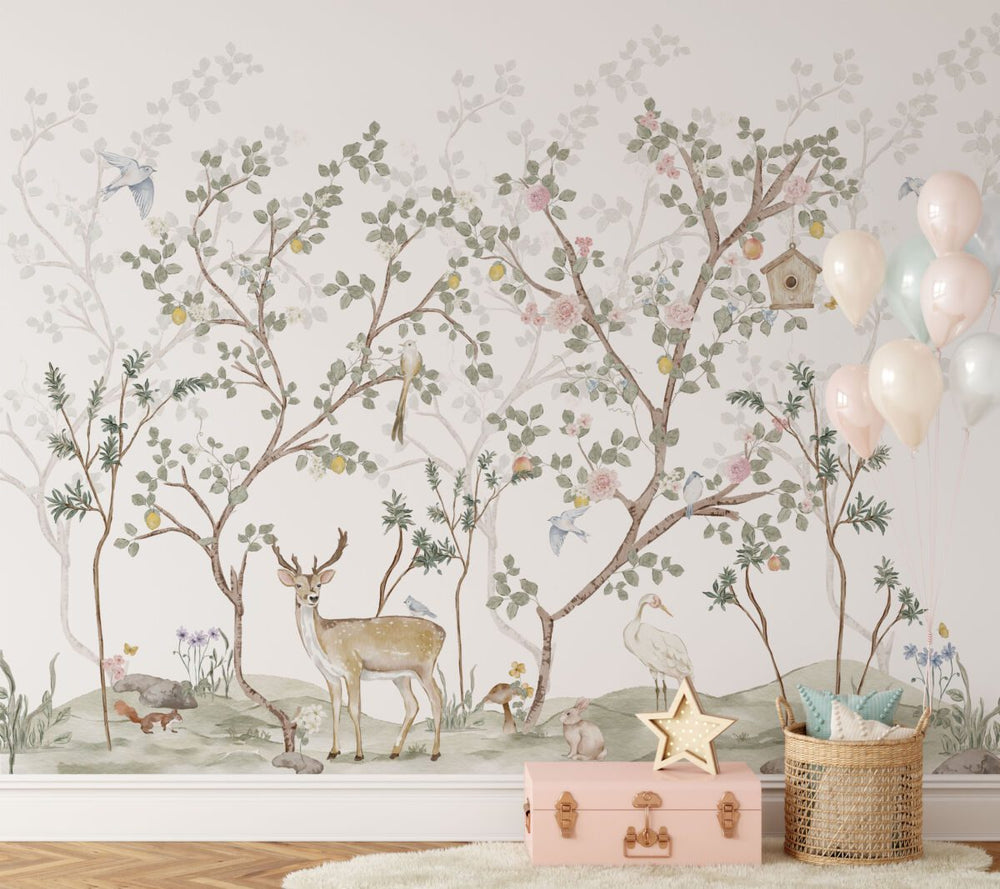 Chinoiserie forest animals watercolor wallpaper for kids room by Igibee