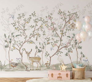 Chinoiserie forest animals watercolor wallpaper for kids room by Igibee
