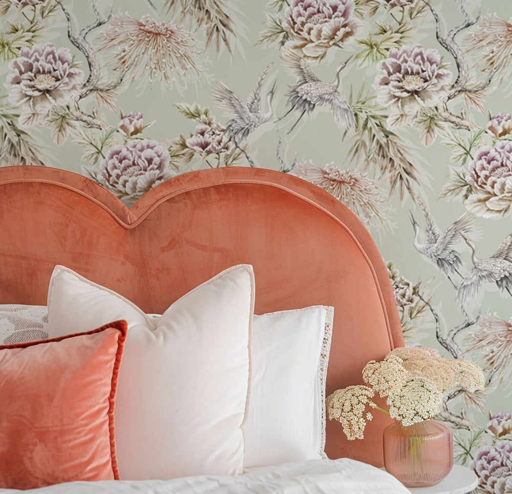 Chinoiserie crane wallpaper by Igibee
