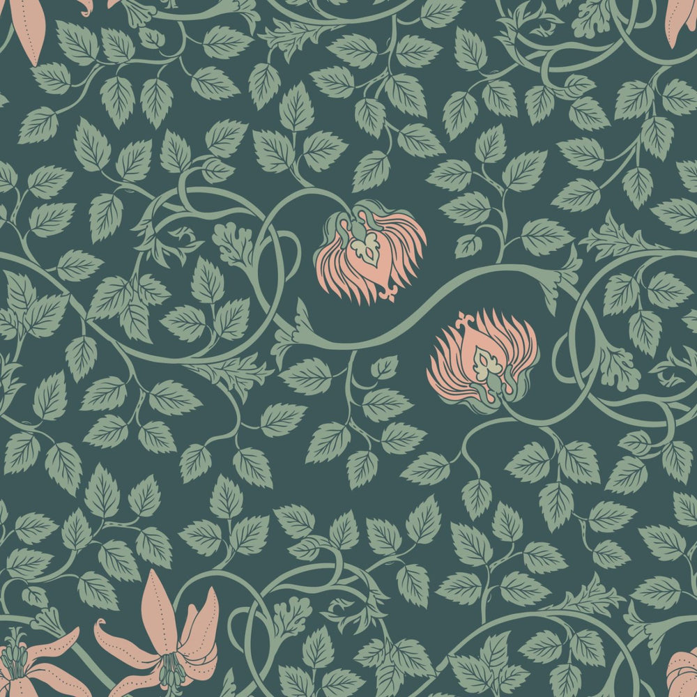 Botanical plant motif wallpaper in green tones by Igibee